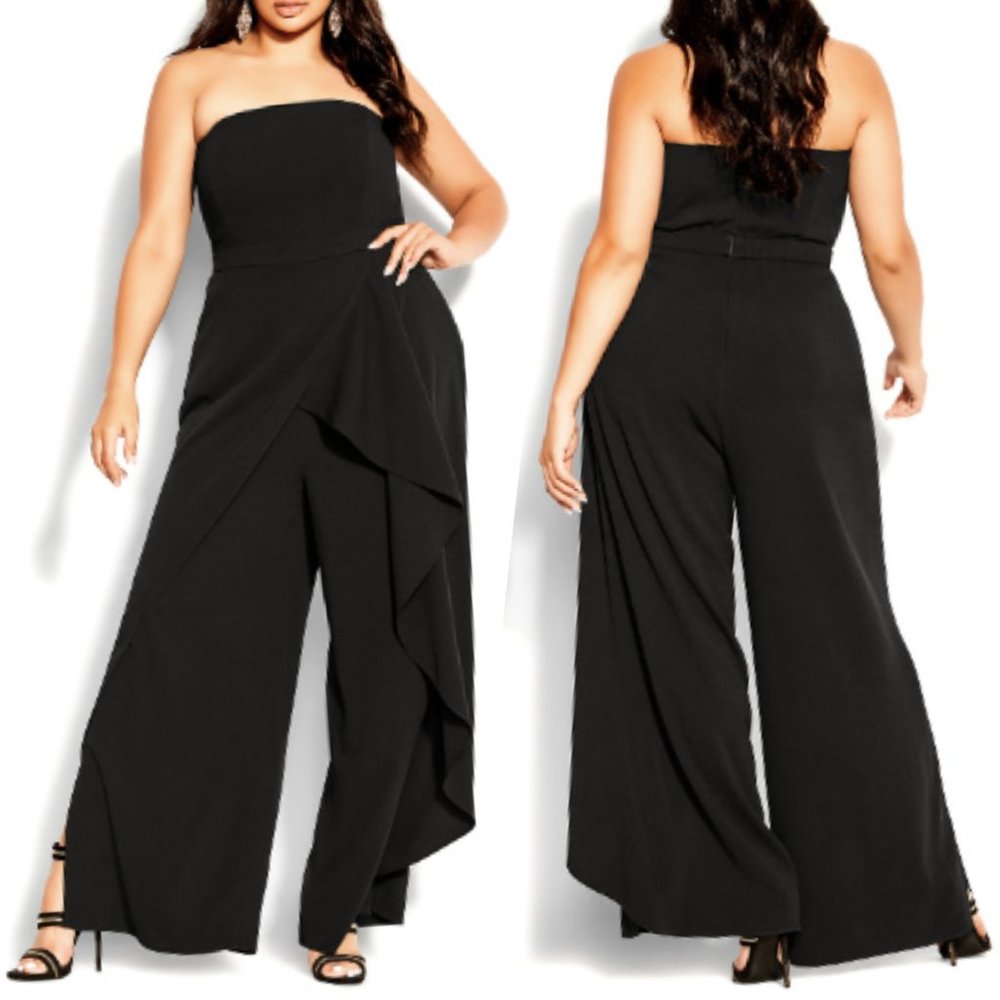 City Chic Attract Strapless Wide Leg Jumpsuit in Black Sz. 16